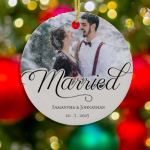 Married   Modern Christmas Couple Photo Ceramic Ornament