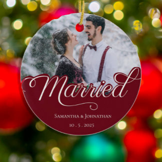 Married | Modern Christmas Couple Photo Ceramic Ornament