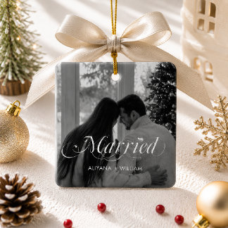 Married Modern Minimal Black And White Photo Ceramic Ornament