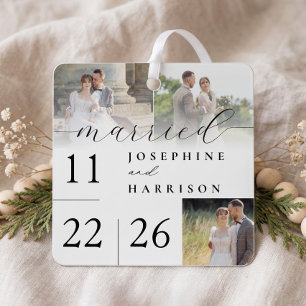Married Modern Script Wedding Day Photo Keepsake Metal Tree Decoration