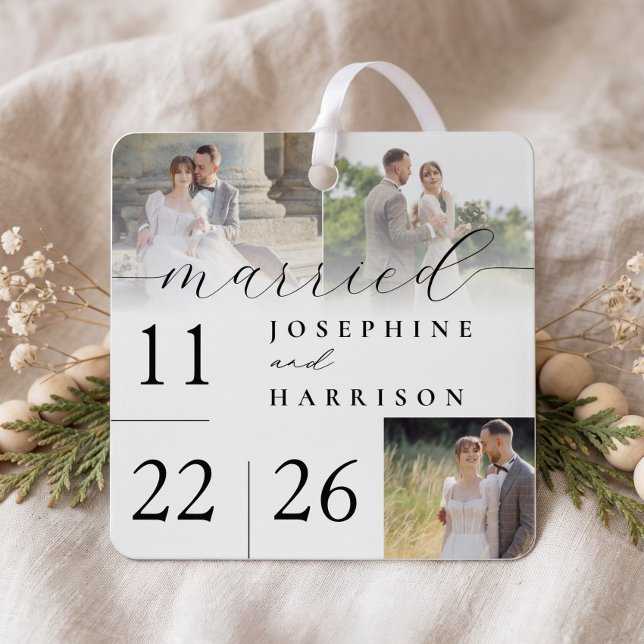 Married Modern Script Wedding Day Photo Keepsake Metal Tree Decoration (Married Modern Script Wedding Day Photo Keepsake Metal Ornament)