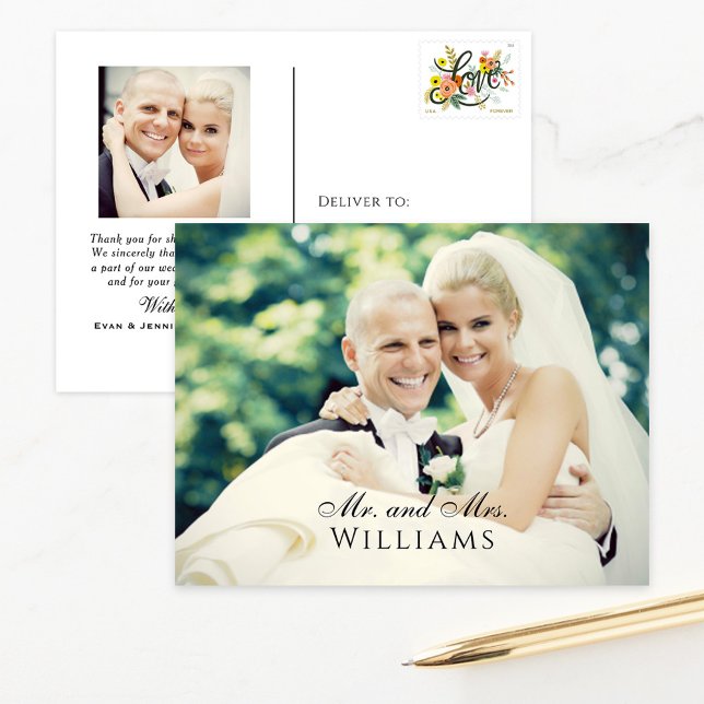 Married Monogram Overlay Wedding Photo Thank You Postcard (Creator Uploaded)