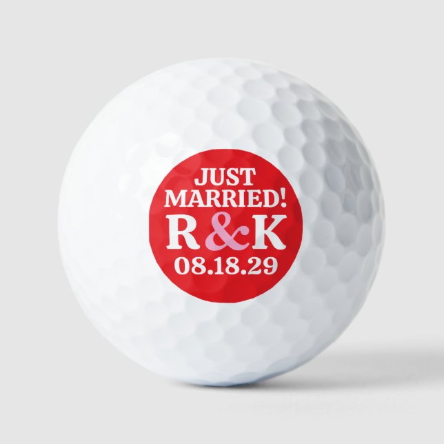 MARRIED Monogram & Pink Ampersand, Red Background Golf Balls (Front)