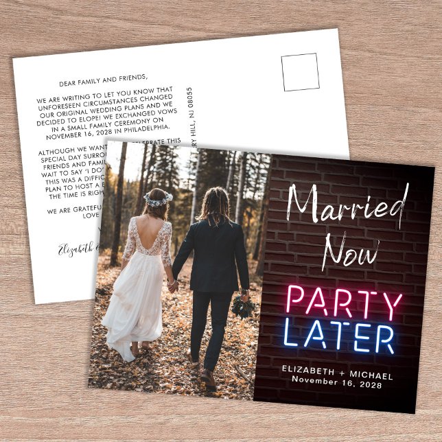 Married Now Party Later Neon Lights Photo Wedding Announcement Postcard (Creator Uploaded)