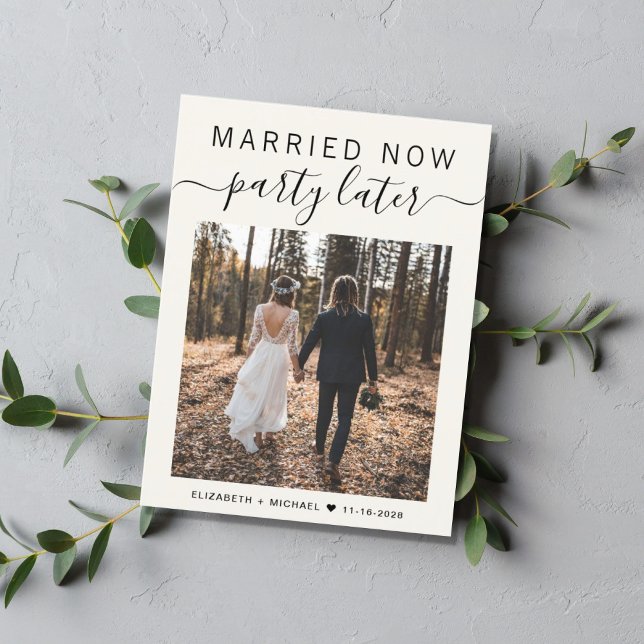 Married Now Party Later Photo Cream Wedding Announcement Postcard (Creator Uploaded)