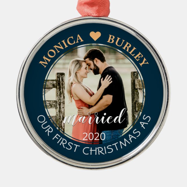 Married Our First Christmas As Add Name Photo Date Metal Ornament (Front)