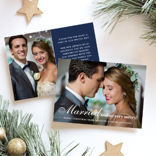 Married & So Merry Newlywed 2 Photo Christmas Blue Holiday Card