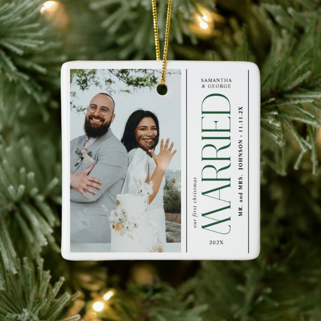 Married Wedding Photo Newlyweds Christmas Ceramic Ornament (Tree)