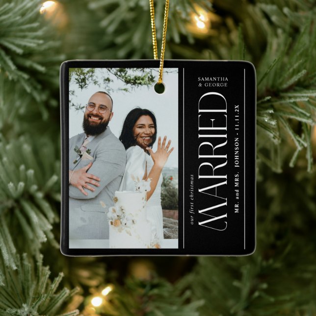 Married Wedding Photo Newlyweds Christmas Ceramic Ornament (Tree)