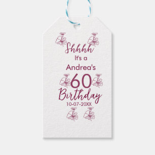 Marron white mauve shhhh 60th birthday floral name gift tags