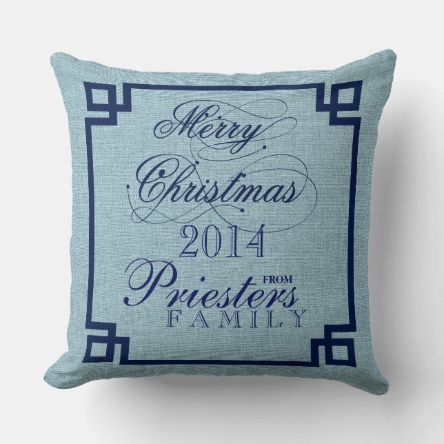 Marry Christmas Blue Text Design Light Blue Linen Cushion (Front)