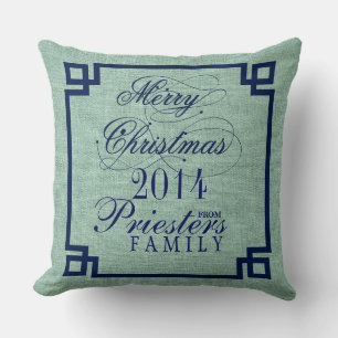 Marry Christmas Blue Text Sage-Green Linen Texture Cushion