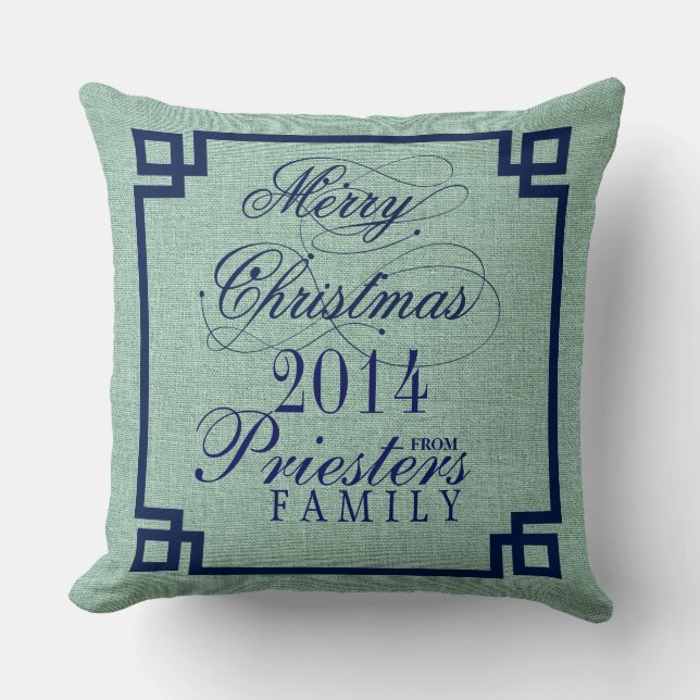 Marry Christmas Blue Text Sage-Green Linen Texture Cushion (Front)