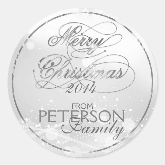 Marry Christmas Silver Text & Bokeh Background Classic Round Sticker (Front)