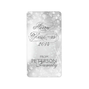 Marry Christmas Silver Text & Bokeh Background Label