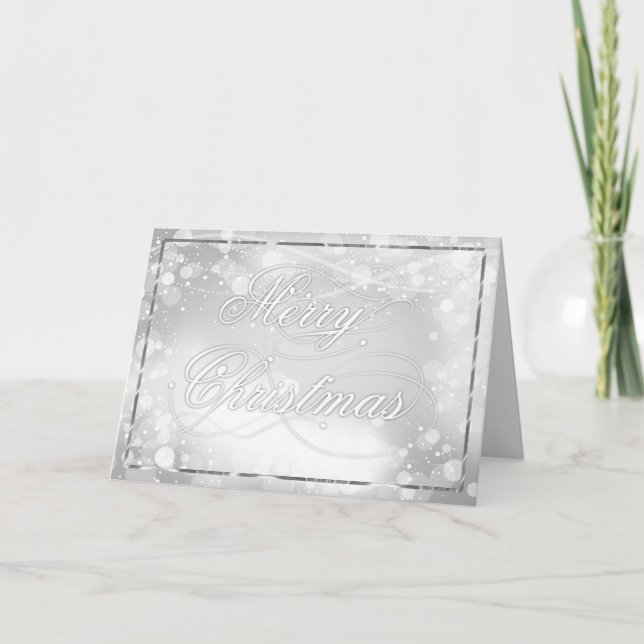 Marry Christmas White Text & Bokeh Background Holiday Card (Front)