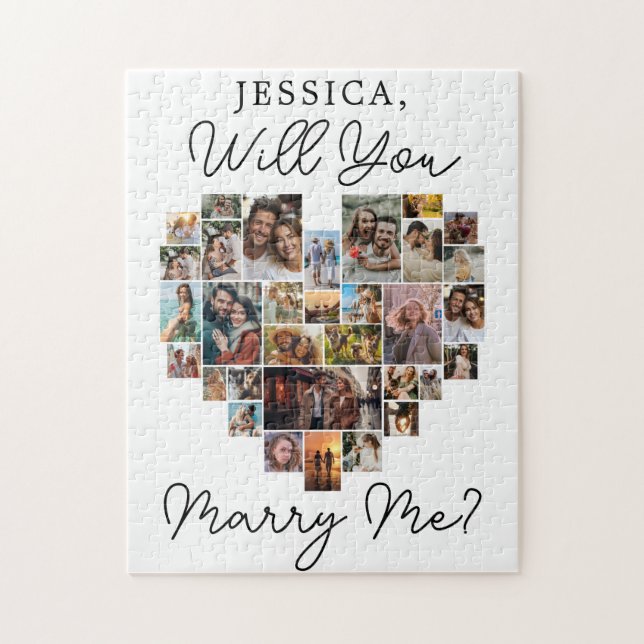 Marry Me Heart Couple Photo Collage Modern Script Jigsaw Puzzle (Vertical)