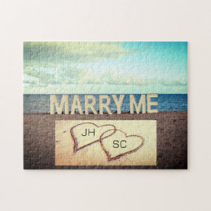 Marry Me Heart Initials Beach Marriage Proposal Jigsaw Puzzle