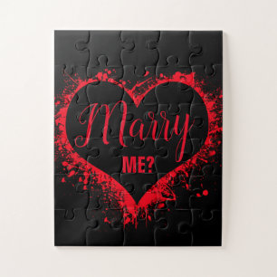 "MARRY ME?" Red Heart on Black Proposal Jigsaw Puzzle