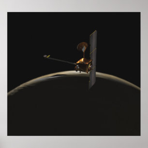 Mars Odyssey spacecraft over martian sunrise Poster