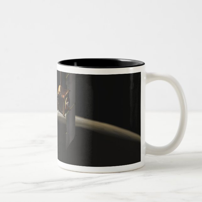 Mars Odyssey spacecraft over martian sunrise Two-Tone Coffee Mug (Right)