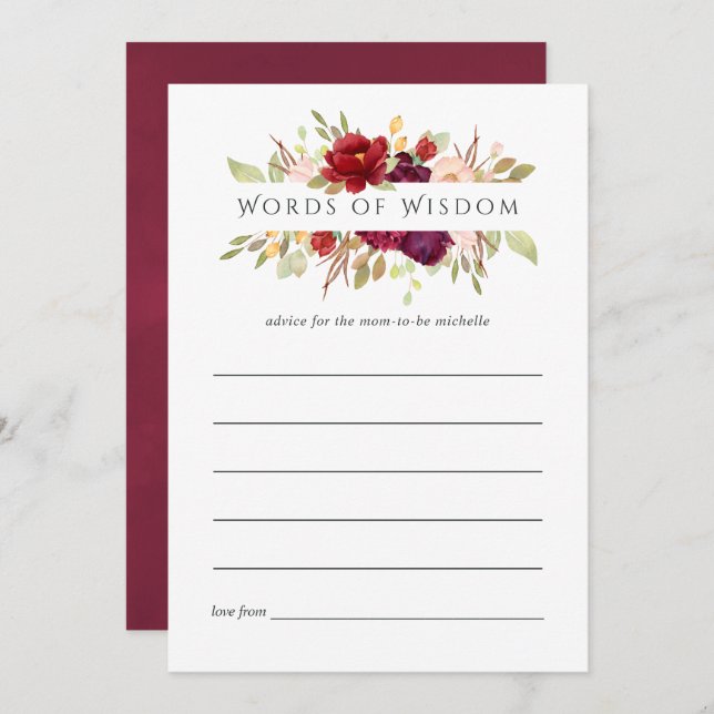 Marsala and Blush Floral Bridal Shower Advice Invitation (Front/Back)