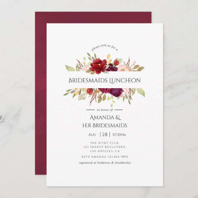 Marsala and Blush Floral Bridesmaids Luncheon Invitation (Front/Back)