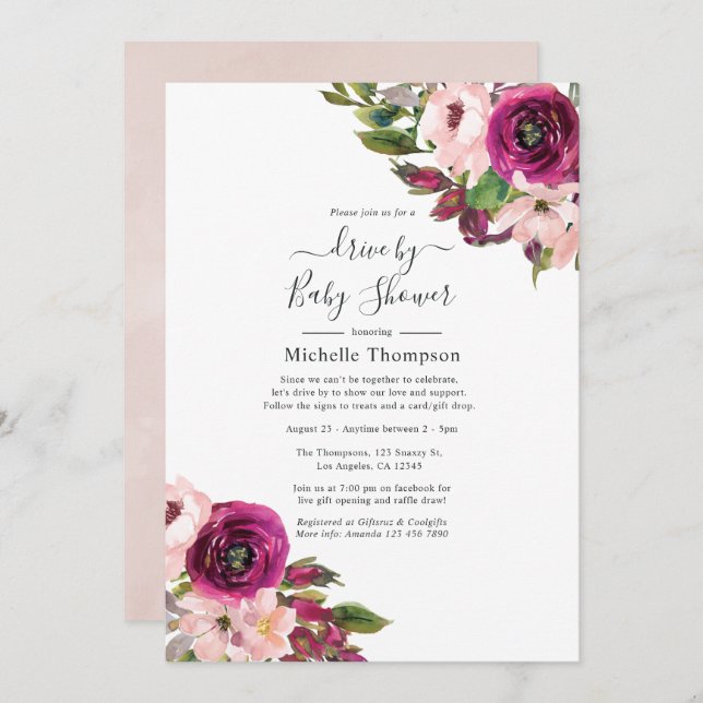 Marsala and Blush Floral Drive By Shower Invitation (Front/Back)