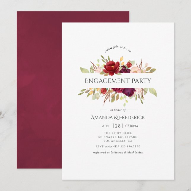 Marsala and Blush Floral Engagement Party Invitation (Front/Back)