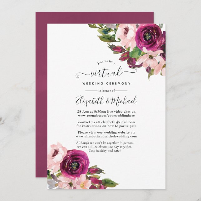 Marsala and Blush Floral Online Virtual Wedding Invitation (Front/Back)