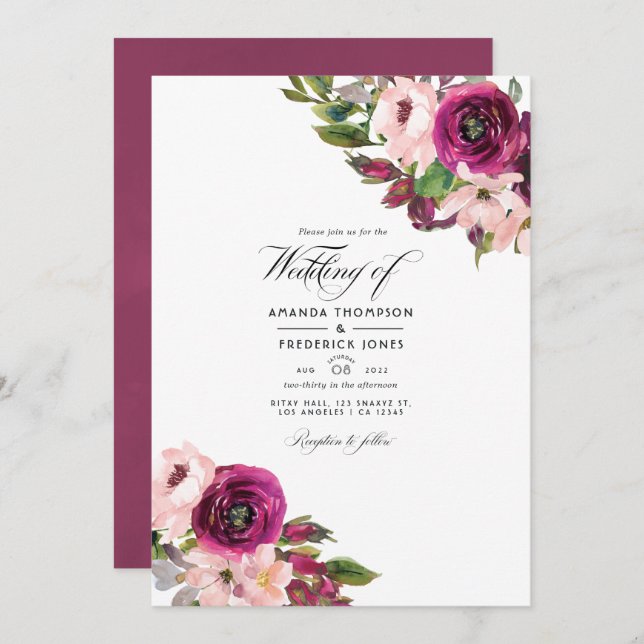 Marsala and Blush Floral Wedding Photo Invitation (Front/Back)