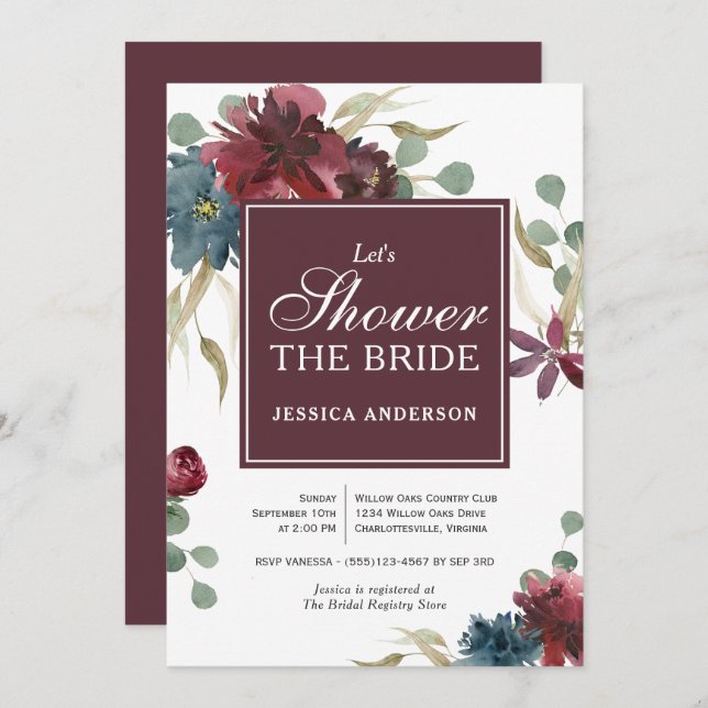 Marsala and Navy Floral Bridal Shower Invitation (Front/Back)