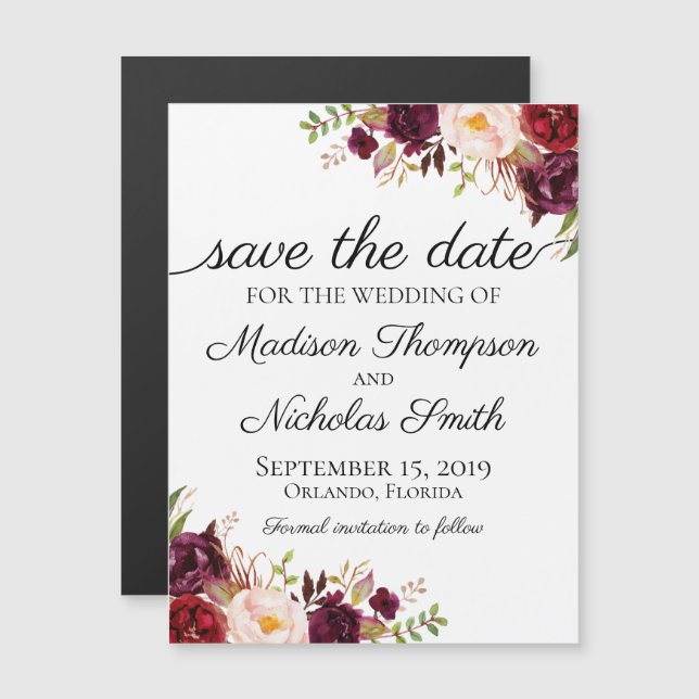 Marsala and Pink Floral Save the Date Magnets (Front/Back)