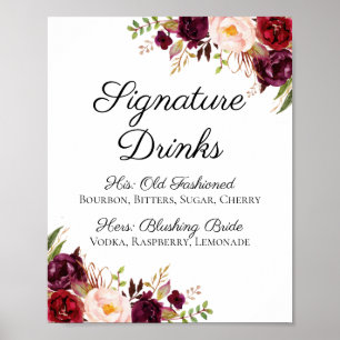 Marsala and Pink Floral Signature Drinks Sign