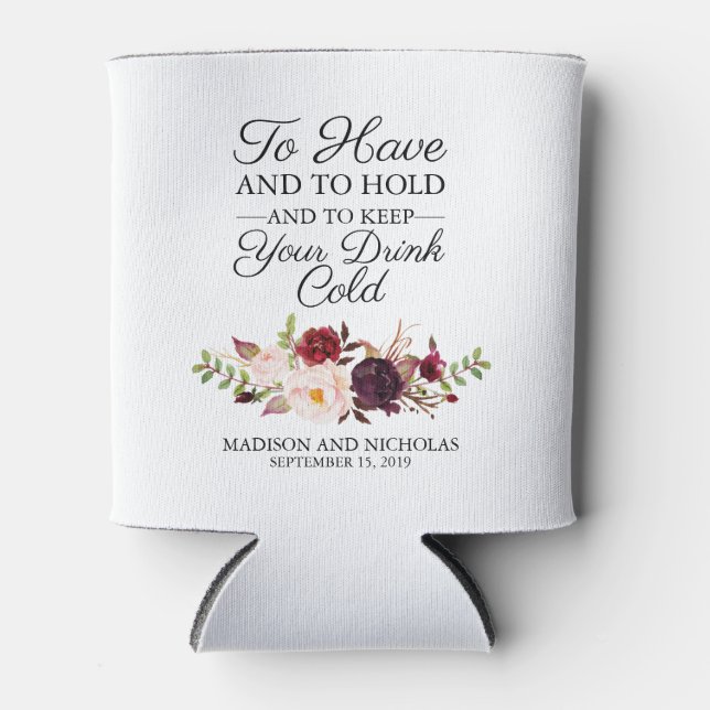 Marsala and Pink Floral Wedding Can Coolers (Front)