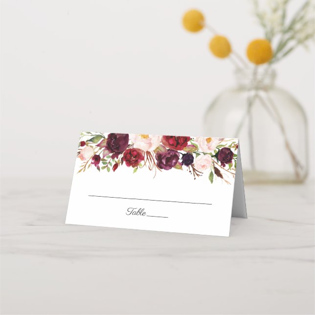 Marsala and Pink Floral Wedding Folded Place Cards (Front)