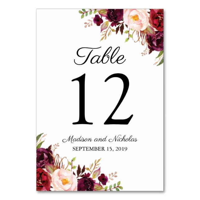 Marsala and Pink Floral Wedding Table Number Cards (Front)