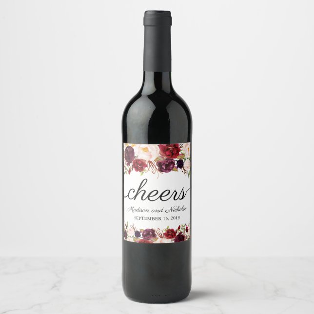Marsala and Pink Floral Wedding Wine Labels (Front)