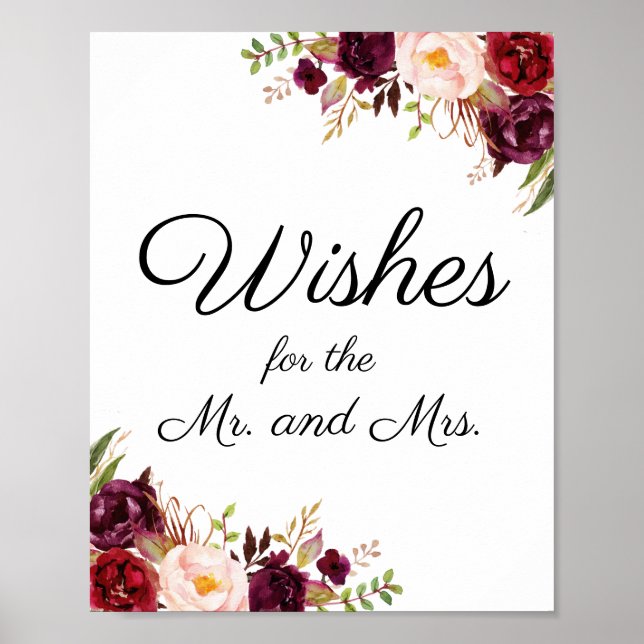 Marsala and Pink Floral Wedding Wishes Sign Poster (Front)