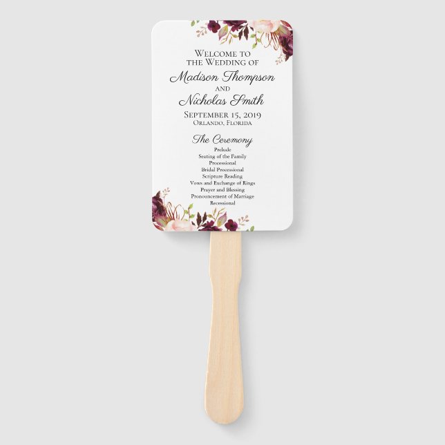 Marsala and Pink Flower Wedding Program Fans (Front)
