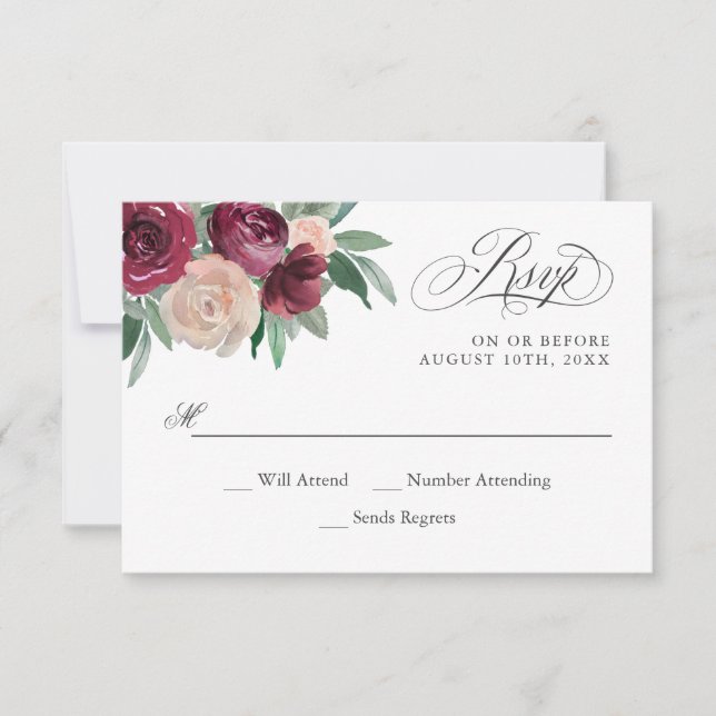 Marsala and Pink Watercolor Floral RSVP Card (Front)
