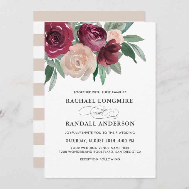 Marsala and Pink Watercolor Floral Wedding Invitation (Front/Back)