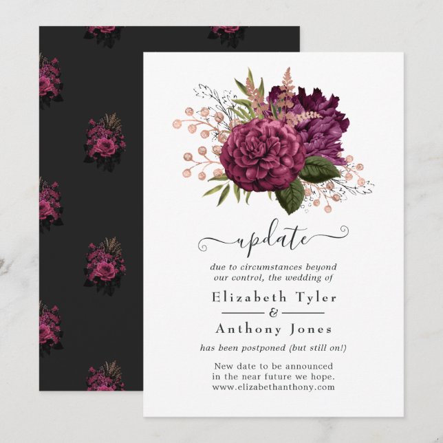 Marsala and Rose Gold Floral Wedding Update Invitation (Front/Back)