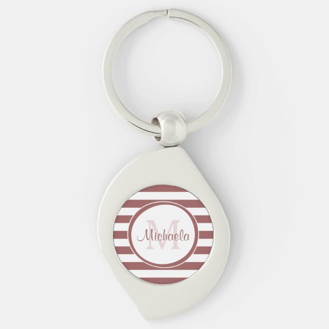 Marsala and White Broad Stripes With Stylish Name Key Ring (Front)