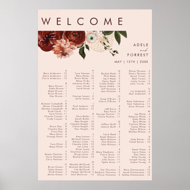 Marsala Autumn Floral | Blush Alphabetical Seating Poster (Front)