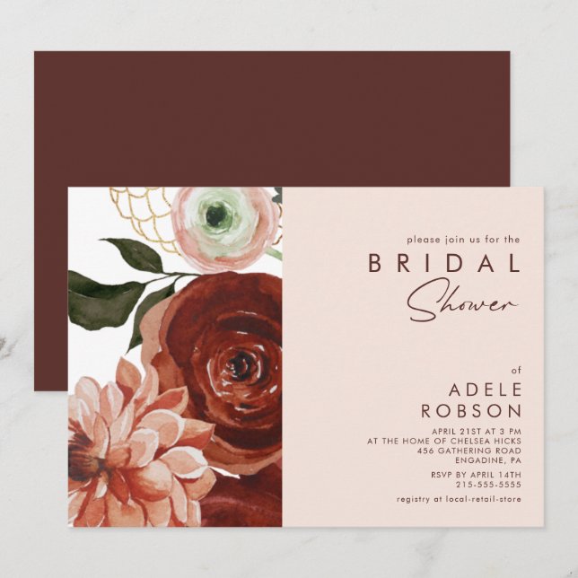 Marsala Autumn Floral | Blush Bridal Shower Invitation (Front/Back)