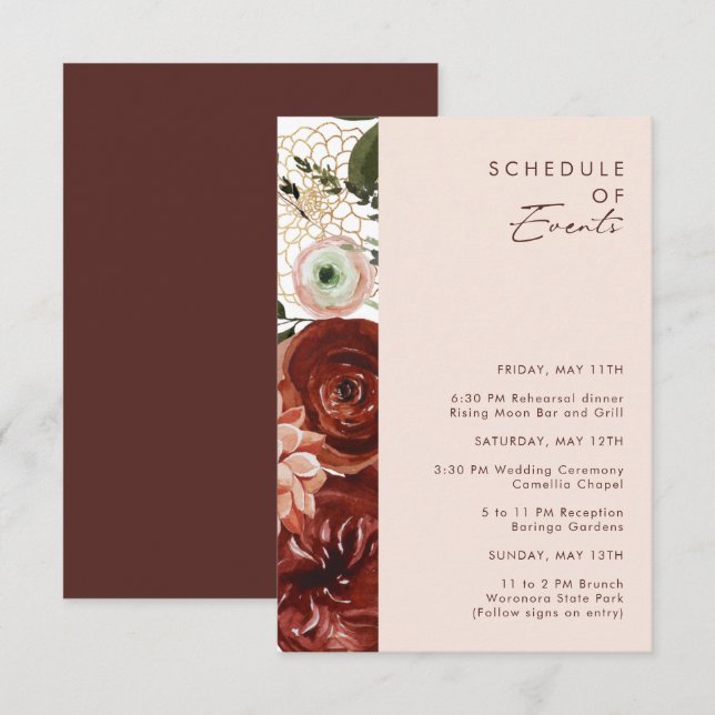 Marsala Autumn Floral | Blush Schedule of Events Enclosure Card (Front/Back)