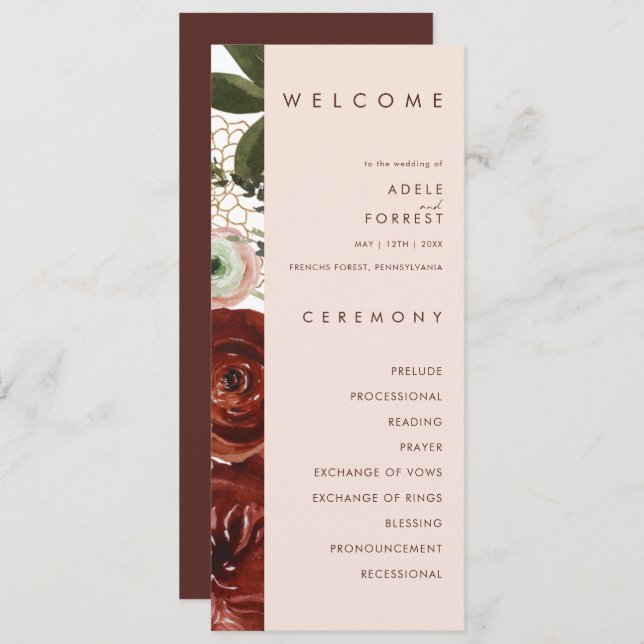 Marsala Autumn Floral | Blush Wedding Program (Front/Back)