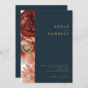Marsala Autumn Floral   Navy All In One wedding Invitation
