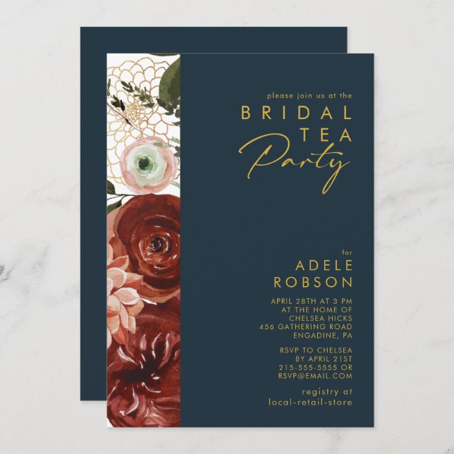Marsala Autumn Floral | Navy Bridal Tea Party Invitation (Front/Back)